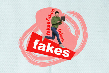 Collage photo of funny young man run with laptop hypnotized fakes press propaganda social media scam isolated on blue color background