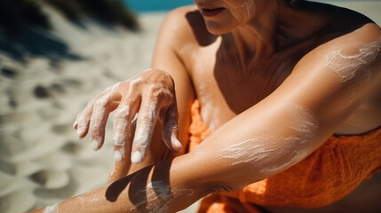 Sun-Kissed Skin. Close-up of woman in a bikini applying sunscreen to her arms and legs. bodytone, protect, Healthy self-care Summer and vacation concept. AI Generative