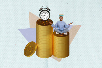 Creative collage startup business lady work life balance sit her budget stack coins timer read book meditation isolated on blue background
