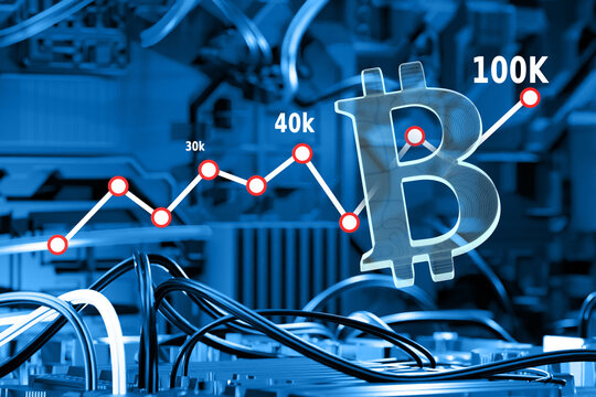 Bitcoin mining. Bitcoin price growth chart. Cryptocurrency logo over wires. Equipment for mining bitcoin money. BTC value increase. Fragment of video card for BTC mining. Crypto business. 3d image