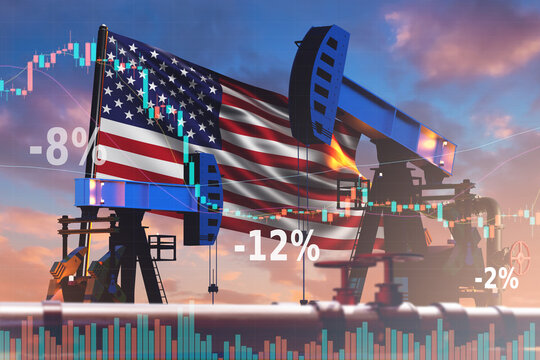 USA oil industry. Petroleum mining. Graph of falling energy prices in USA. Oil pumps at sunset. Concept reducing cost oil from united states. Falling demand for petroleum. USA fuel industry. 3d image