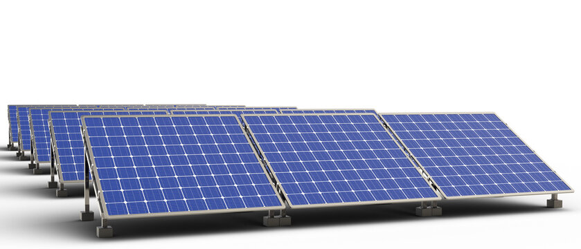 Solar batteries. Panel for accumulation of sunlight. Solar batteries isolated on white. Power station. Solar batteries installed at angle. Electric generators on metal racks. 3d image