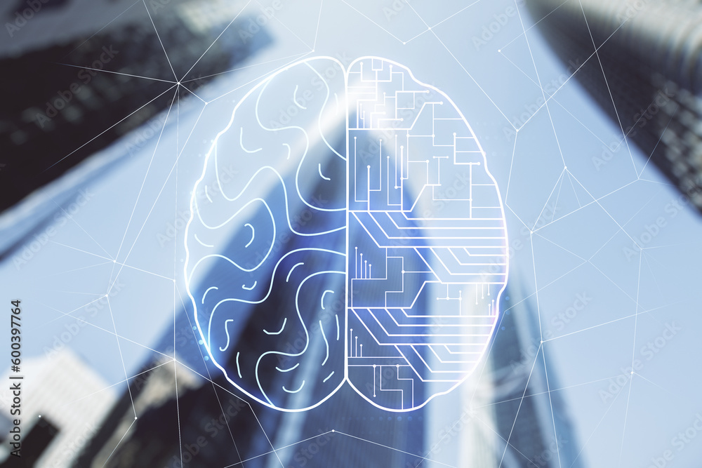 Aufkleber double exposure of creative human brain microcircuit hologram on blurry cityscape background. future