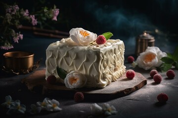 A delectable dessert combining delicate sponge cake, sweet marzipan, and fragrant vanilla. Generative AI
