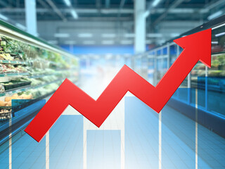 Inflation chart. Arrow near shelves from supermarket. Rising food prices. Increasing cost of food. Inflation due to financial crisis. Graph of price fluctuations and inflation. Art blurred. 3d image