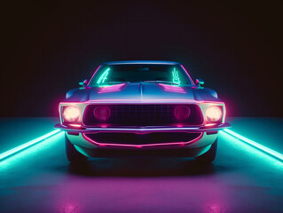 Fototapeta na wymiar American Muscle Car. Old retro classic sports car, vintage old american cars, with neon lights Generative AI