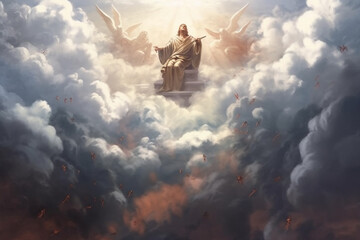 God in heaven, surrounded by clouds and rays of light. The artwork captures the majesty and grandeur of the divine presence, evoking a sense of wonder and reverence. Ai generated