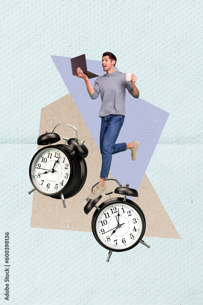 Poster creative metaphor collage of specialist man hold netbook drink coffee deadline schedule timer ringin