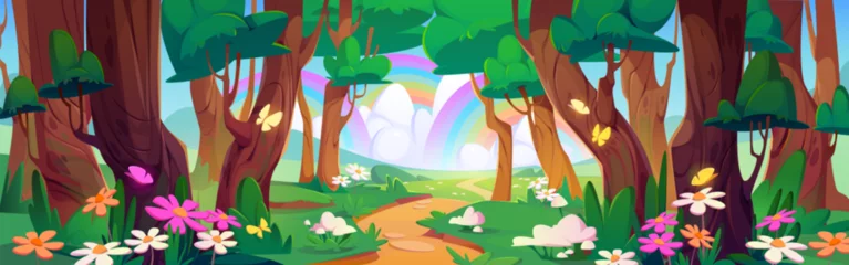 Fotobehang Regenboog Spring landscape of forest with trees, grass and flowers. Summer park with green plants, butterflies, path, fields and rainbow in sky, vector cartoon illustration  © klyaksun