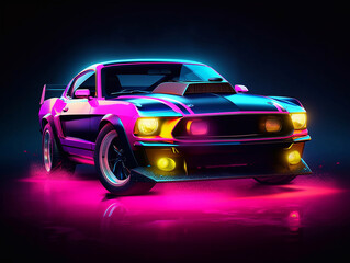 Fototapeta na wymiar American Muscle Car. Old retro classic sports car, vintage old american cars, with neon lights Generative AI