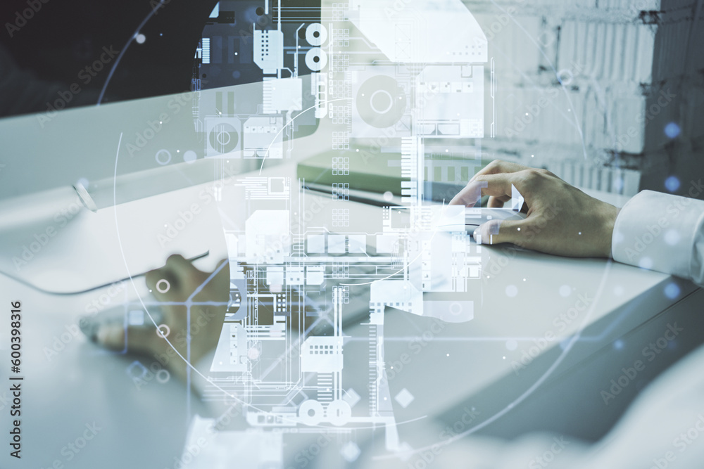 Poster double exposure of creative artificial intelligence symbol with hands typing on laptop on background