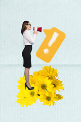Vertical 3d collage of young activist promoter woman formalwear scream bullhorn attention mark...
