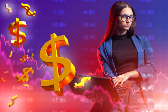 Businesswoman with laptop. Dollar symbols near woman. Businesswoman makes investments. Graph of falling stock prices. Businesswoman near quotes. Girl trades on stock exchange. Lady makes investments