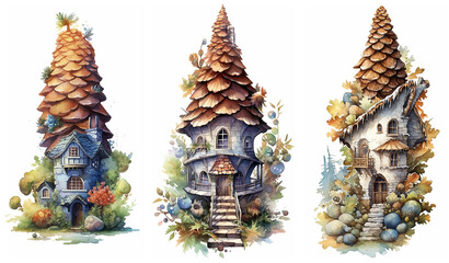 Fototapeta premium Watercolour fantasy forest cone houses. Greeting cards and envelopes artwork project set 5.