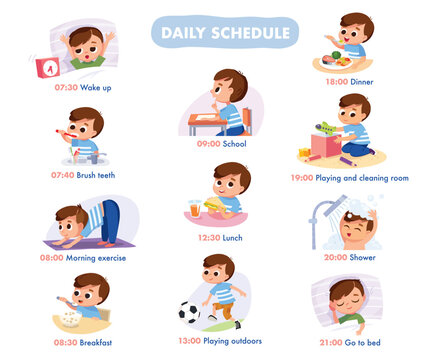Boy establishing a successful daily routine. Kid accomplishes his tasks: wakes up, brushes teeth, having breakfast, going to school, playing outdoors, playing at home, going to bed, take shower