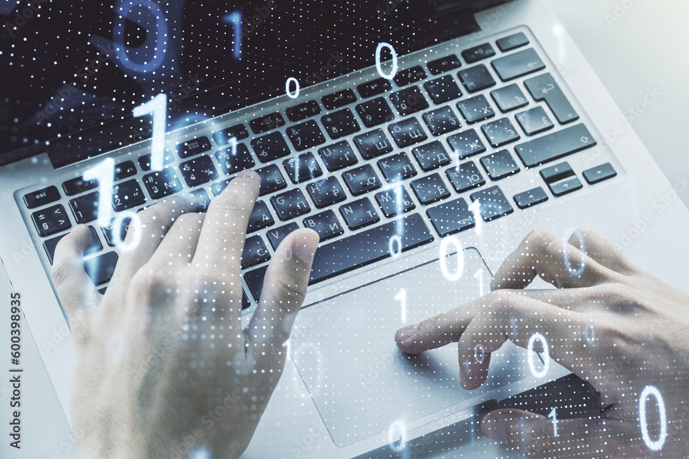 Aufkleber double exposure of creative abstract binary code hologram and hands typing on laptop on background. 