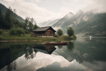 Fototapeta premium Peaceful and calming lakeside retreat featuring a wooden house surrounded by the still waters of a lake. Ai generated