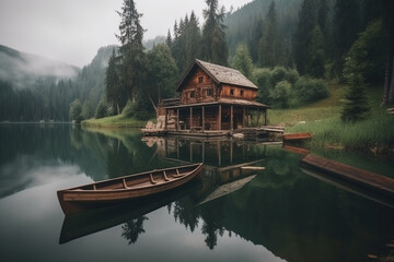 Obraz premium Peaceful and calming lakeside retreat featuring a wooden house surrounded by the still waters of a lake. Ai generated
