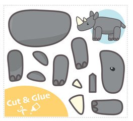 Cut and Glue Worksheet. Education paper game.  Rhinoceros