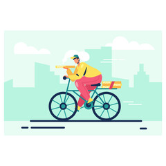 Courier delivery on environmentally friendly transport. Male character on bicycle carrying pizza