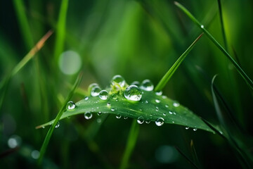 Morning Dew: A Close-up Illustration of Grass with Mountain Dew Drops. Ai generated