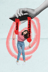 Picture absurd collage of young hang addicted woman subordinate fakes propaganda phone display...