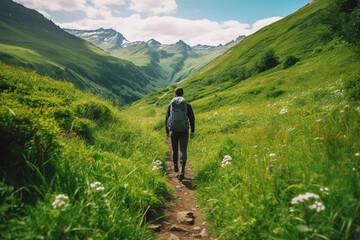 Hiker walking on a green meadow trail against the backdrop of a breathtaking mountain landscape. The image conveys a sense of adventure and freedom. Ai generated