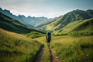 Hiker walking on a green meadow trail against the backdrop of a breathtaking mountain landscape. The image conveys a sense of adventure and freedom. Ai generated