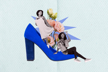 Creative collage artwork of two fashion designers addicted shopaholics changing room dress with...