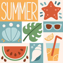 Summer graphic poster. Summer time, background patterns on the theme of summer, vacation, weekend, beach.