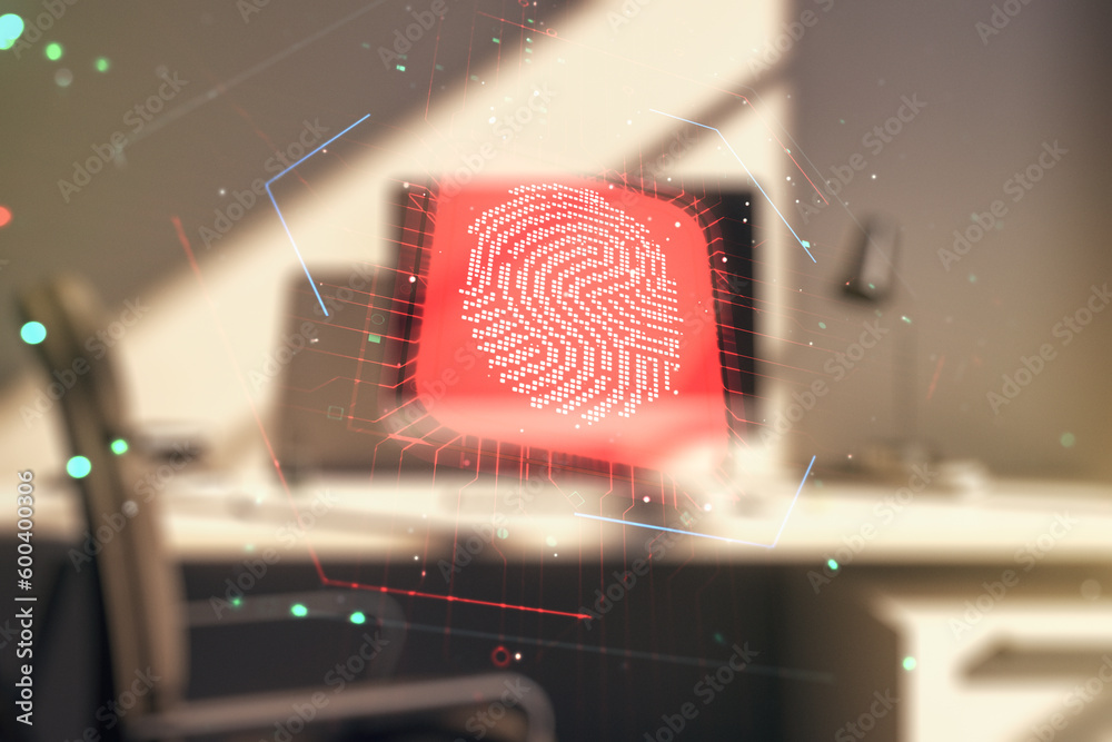 Poster Multi exposure of abstract creative fingerprint illustration and modern desktop with computer on background, digital access concept