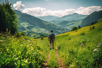 Fototapeta na wymiar Hiker walking on a green meadow trail against the backdrop of a breathtaking mountain landscape. The image conveys a sense of adventure and freedom. Ai generated