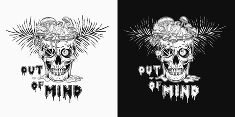 Label with human skull without top like cup, bowl, vase full of fantasy mushrooms. Crazy mad skull with single eye and growing through mushrooms, puddle of poisonous liquid. Vintage style.