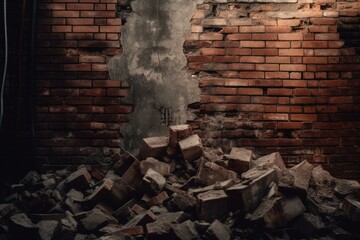 Image of a destroyed brick wall. Generative AI