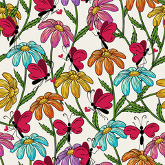 Seamless pattern with chamomile flower with stem, tiny cute butterflies playing with hearts. Groovy, hippie, naive style. Good for apparel, fabric, textile, surface decoration, kids design.