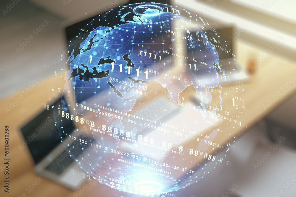 Poster double exposure of abstract creative programming illustration with world map and modern desk with co