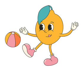 Cute lemon character sticker in y2k groovy style. Retro cartoon character in trendy retro style, comic mascot character.