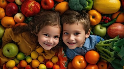 Attractive smiling kids among many healthy fruits and vegetables, proper nutrition healthy diet concept top view, anti aging lifestyle of happy children without eating disorder, generative AI - obrazy, fototapety, plakaty