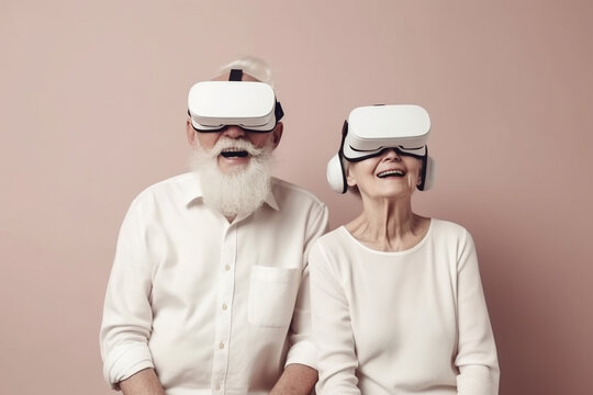 Virtual Reality Joy: An Illustration of an Elderly Couple Smiling and Enjoying a VR Experience. Ai generated