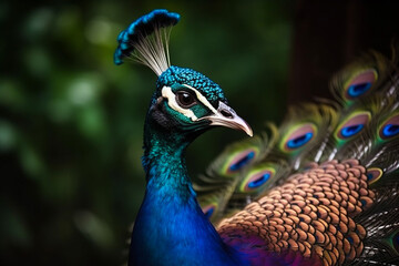 Obraz premium A detailed illustration of a peacock's head and its vibrant, colorful feathers in full display. Ai generated