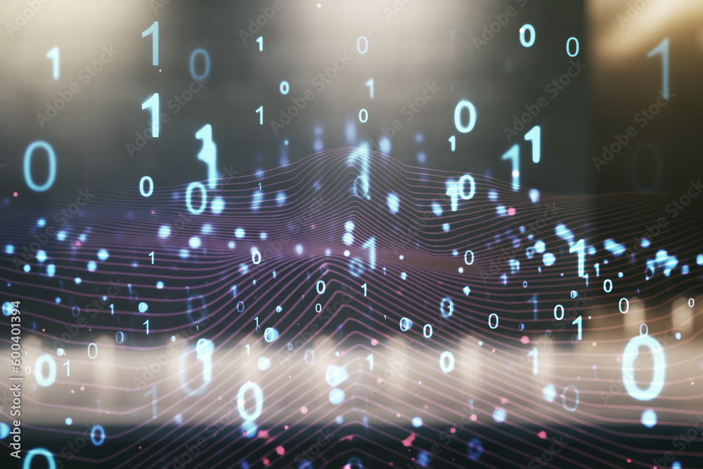 Aufkleber Abstract virtual binary code hologram on blurry contemporary office building background, AI and machine learning concept. Multiexposure