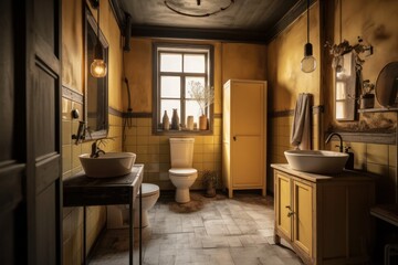 Fototapeta premium Eye-Catching Yellow and Black Apartment Bathroom with Unique Design Elements.....