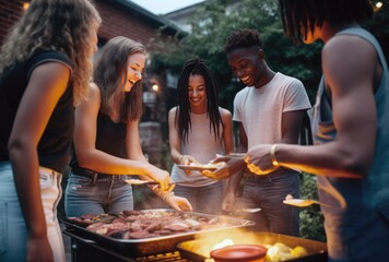 Group of millennial friends enjoying a candid summer barbecue, grilling and socializing, capturing leisure and togetherness, generative ai