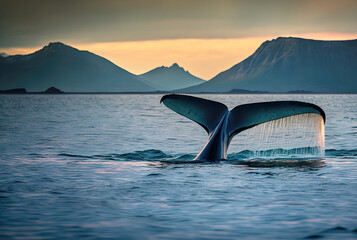 The fin of a diving whale in calm seas against a mountainous background, made with generative ai