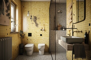 Contemporary designer Bathroom with Striking Yellow and Black Color Palette ..