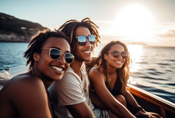 Three stylish millennial friends enjoying a summer vacation on a boat in the ocean, showcasing diversity and leisure, generative ai