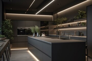 Sleek kitchen with grey walls/countertops & recessed LED lights. Generative AI