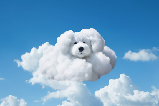 Cloud in the shape of an adorable puppy face against a clear blue sky. The image evokes a sense of playfulness and joy, as if the sky itself is smiling down on us. Ai generated