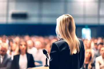 Rear view of a long-haired blond woman speaking from a lectern to a large crowd, made with generative ai