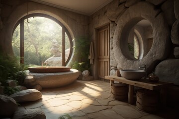 Modern Bathroom Sanctuary with Rock Walls, Freestanding Bathtub, and Soothing Natural Light.....